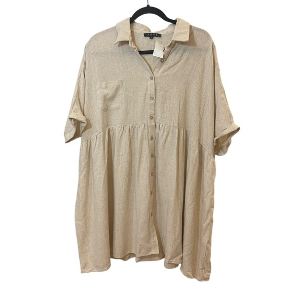 Fore oversized linen T-shirt dress minimalist button front collared tiered large - Picture 1 of 9